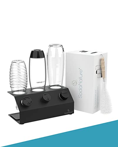 SodaNature® Premium 3er Edelstahl Flaschenhalter für SodaStream Flaschen (Duo & Crystal) | Set Timeless in Anthrazit | inkl. Abtropfschale, Flaschenbürste, Silkonringe & -füße, Geschenkverpackung von SodaNature