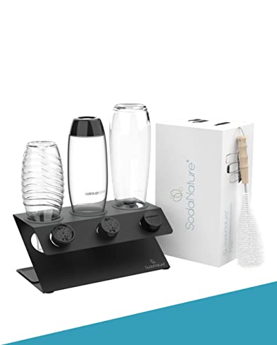 SodaNature® Premium 3er Edelstahl Flaschenhalter für sodastream Flaschen (Duo & Crystal) | Set Z-Shape in Anthrazit | inkl. Abtropfschale, Flaschenbürste, Silkonringe & -füße, Geschenkverpackung von SodaNature