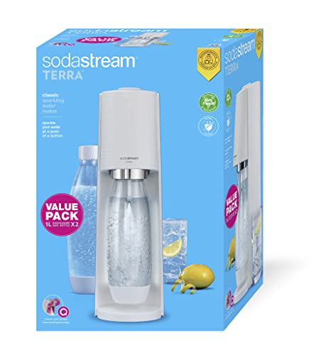 SodaStream Wassersprudler Terra White Value Pack x2 mit 2 geschmolzenen Flaschen, spülmaschinenfest, 1 Liter und 1 CO2-Zylinder Quick Connect zum Gasieren von bis zu 60 l, 2270215, Weiß Matt von SodaStream