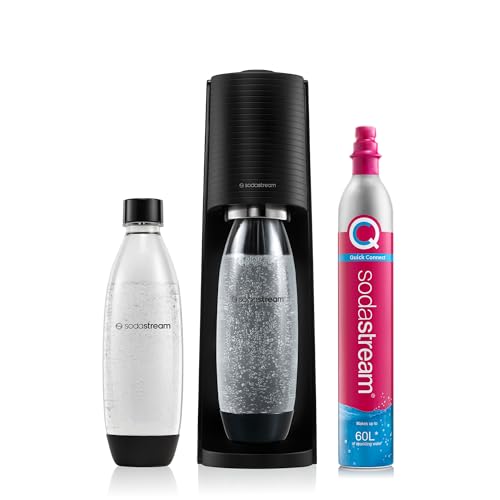 SodaStream Terra Sprudelwasserbereiter, mit 1 Liter wiederverwendbarer BPA-freier Wasserflasche zum Karbonisieren und 60 Liter Quick Connect CO2-Gasflasche - Schwarz von SodaStream