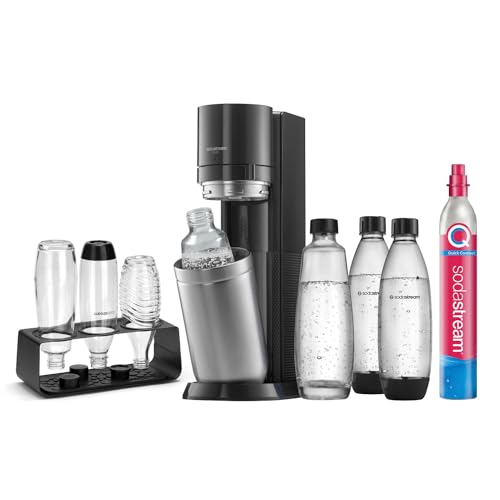 SodaStream Wassersprudler DUO Comfort-Set mit CO2-Zylinder, 2X 1L Glasflasche, 2X 1L spülmaschinenfeste Kunststoff-Flasche und sytlischem Flaschenhalter, Höhe: 44cm, Farbe: Titan von SodaStream