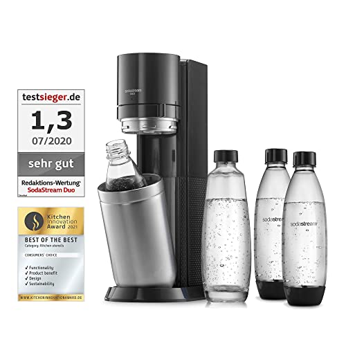 SodaStream Wassersprudler DUO Umsteiger ohne CO2-Zylinder, 1x 1L Glasflasche und 3x 1L spülmaschinenfeste Kunststoff-Flasche, Höhe: 44cm, Farbe: Titan von SodaStream