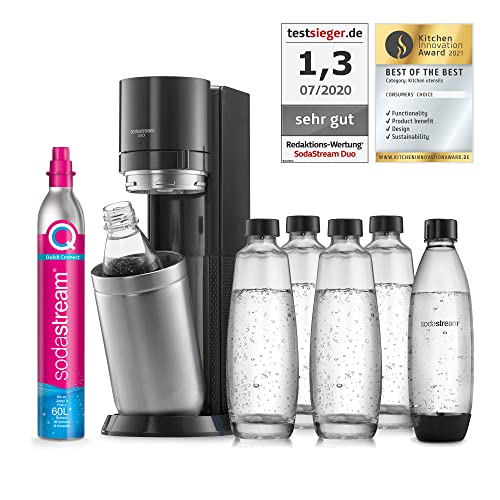 SodaStream Wassersprudler DUO mit CO2-Zylinder, 4x 1L Glasflasche und 2x 1L spülmaschinenfeste Kunststoff-Flasche, Höhe: 44cm, Farbe: Titan von SodaStream