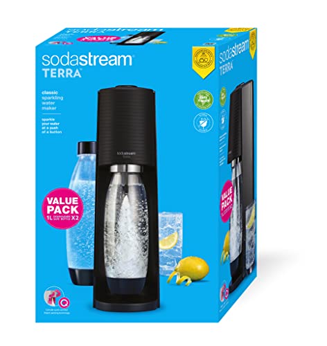 sodastream Wassersprudler Terra Value Pack x2 mit 2 spülmaschinenfesten Flaschen 1 l und 1 Zylinder CO2 Quick Connect für bis zu 60 l, schwarz matt von SodaStream