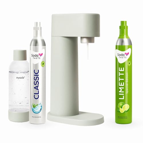 Sparpaket: Mysoda Woody - Wassersprudler aus erneuerbarem Holzkomposit mit 1L BPA-freier Plastikflasche, CO2-Zylinder Classic + CO2-Zylinder Limette (Hellgrün, Pigeon) von SodaTASTE