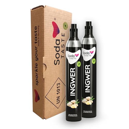 SodaTASTE CO2-Zylinder tauschen 2er-Pack (Refill) für Wassersprudler, mit natürlichem Ingwer-Aroma, ohne Sirup, für bis zu 120l Sprudelwasser mit Geschmack, zuckerfrei (ACHTUNG: 2 Leerzylinder nötig) von SodaTASTE