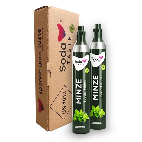 SodaTASTE CO2-Zylinder tauschen 2er-Pack (Refill) für Wassersprudler, mit natürlichem Minz-Aroma, ohne Sirup, für bis zu 120l Sprudelwasser mit Geschmack, zuckerfrei (ACHTUNG: 2 leere Zylinder nötig) von SodaTASTE