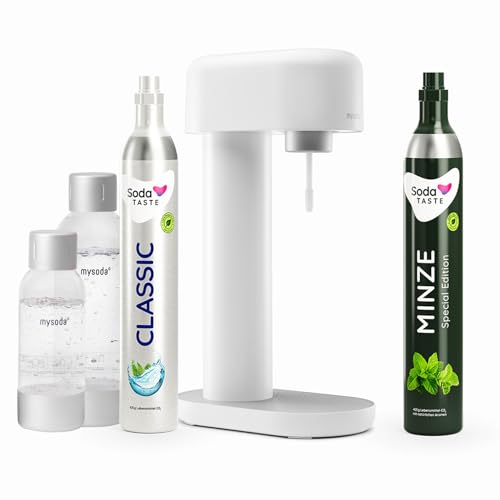 Sparpaket: Mysoda Ruby - Wassersprudler aus Aluminium mit 1L und 0,5L BPA-freier Plastikflasche, CO2-Zylinder Classic + CO2-Zylinder Minze (Weiß) von SodaTASTE