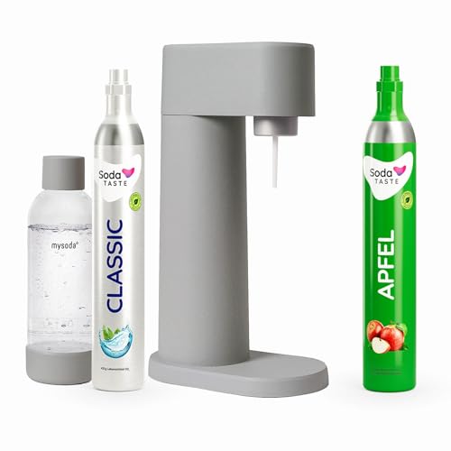 Sparpaket: Mysoda Woody - Wassersprudler aus erneuerbarem Holzkomposit mit 1L BPA-freier Plastikflasche, CO2-Zylinder Classic + CO2-Zylinder Apfel (Grau) von SodaTASTE