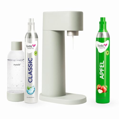 Sparpaket: Mysoda Woody - Wassersprudler aus erneuerbarem Holzkomposit mit 1L BPA-freier Plastikflasche, CO2-Zylinder Classic + CO2-Zylinder Apfel (Hellgrün, Pigeon) von SodaTASTE