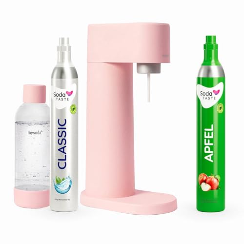 Sparpaket: Mysoda Woody - Wassersprudler aus erneuerbarem Holzkomposit mit 1L BPA-freier Plastikflasche, CO2-Zylinder Classic + CO2-Zylinder Apfel (Rosa) von SodaTASTE