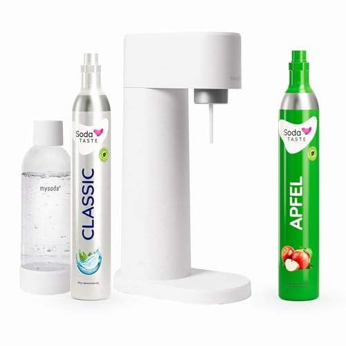 Sparpaket: Mysoda Woody - Wassersprudler aus erneuerbarem Holzkomposit mit 1L BPA-freier Plastikflasche, CO2-Zylinder Classic + CO2-Zylinder Apfel (Weiß) von SodaTASTE