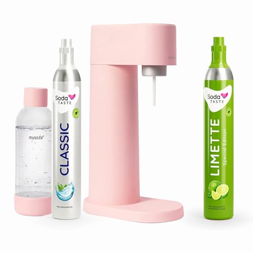 Sparpaket: Mysoda Woody - Wassersprudler aus erneuerbarem Holzkomposit mit 1L BPA-freier Plastikflasche, CO2-Zylinder Classic + CO2-Zylinder Limette (Rosa) von SodaTASTE