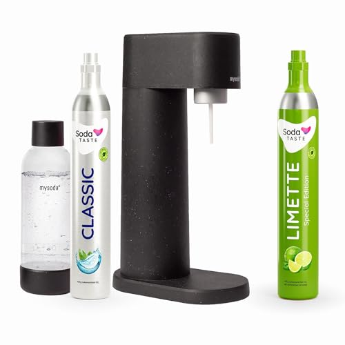 Sparpaket: Mysoda Woody - Wassersprudler aus erneuerbarem Holzkomposit mit 1L BPA-freier Plastikflasche, CO2-Zylinder Classic + CO2-Zylinder Limette (Schwarz) von SodaTASTE