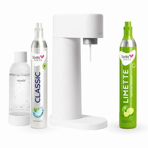 Sparpaket: Mysoda Woody - Wassersprudler aus erneuerbarem Holzkomposit mit 1L BPA-freier Plastikflasche, CO2-Zylinder Classic + CO2-Zylinder Limette (Weiß) von SodaTASTE