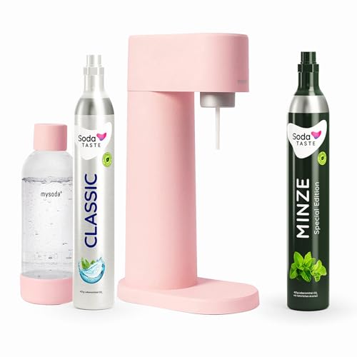 Sparpaket: Mysoda Woody - Wassersprudler aus erneuerbarem Holzkomposit mit 1L BPA-freier Plastikflasche, CO2-Zylinder Classic + CO2-Zylinder Minze (Rosa) von SodaTASTE