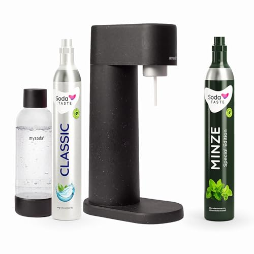 Sparpaket: Mysoda Woody - Wassersprudler aus erneuerbarem Holzkomposit mit 1L BPA-freier Plastikflasche, CO2-Zylinder Classic + CO2-Zylinder Minze (Schwarz) von SodaTASTE