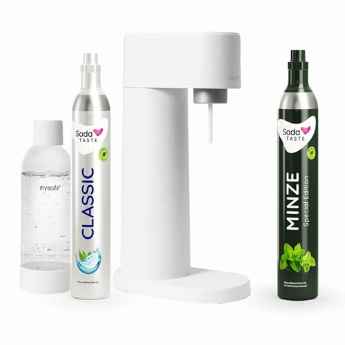 Sparpaket: Mysoda Woody - Wassersprudler aus erneuerbarem Holzkomposit mit 1L BPA-freier Plastikflasche, CO2-Zylinder Classic + CO2-Zylinder Minze (Weiß) von SodaTASTE