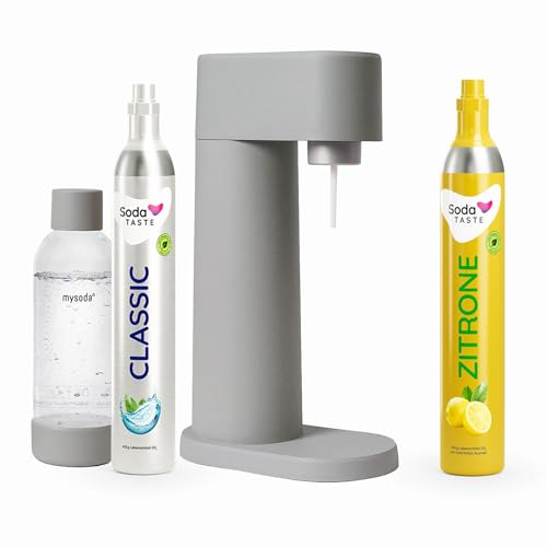 Sparpaket: Mysoda Woody - Wassersprudler aus erneuerbarem Holzkomposit mit 1L BPA-freier Plastikflasche, CO2-Zylinder Classic + CO2-Zylinder Zitrone (Grau) von SodaTASTE