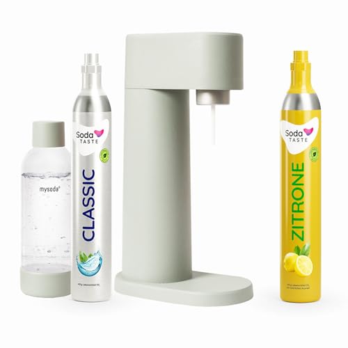 Sparpaket: Mysoda Woody - Wassersprudler aus erneuerbarem Holzkomposit mit 1L BPA-freier Plastikflasche, CO2-Zylinder Classic + CO2-Zylinder Zitrone (Hellgrün, Pigeon) von SodaTASTE