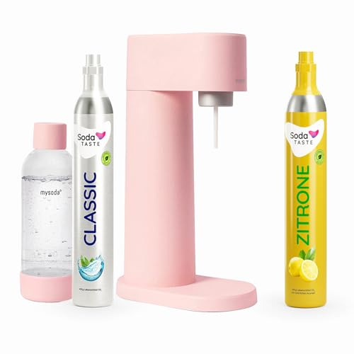 Sparpaket: Mysoda Woody - Wassersprudler aus erneuerbarem Holzkomposit mit 1L BPA-freier Plastikflasche, CO2-Zylinder Classic + CO2-Zylinder Zitrone (Rosa) von SodaTASTE