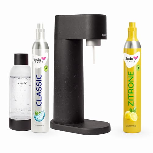 Sparpaket: Mysoda Woody - Wassersprudler aus erneuerbarem Holzkomposit mit 1L BPA-freier Plastikflasche, CO2-Zylinder Classic + CO2-Zylinder Zitrone (Schwarz) von SodaTASTE