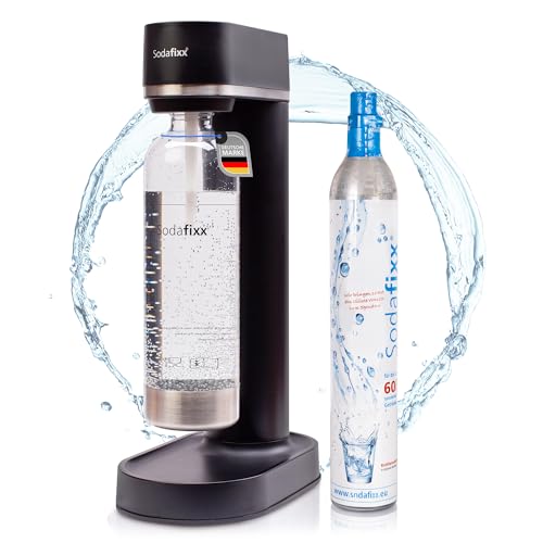 Sodafixx Wassersprudler Schwarz + 1 PET Wasserflasche 0,85L + 1x CO2 Zylinder - Sprudelwasser Maschine ohne Strom - Soda Maker - Wasser Sprudel Gerät - Sprudelwasser Flaschen von Sodafixx