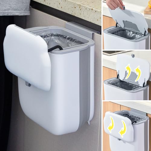Soddeph Faltbarer hängender Mülleimer mit Deckel für Schranktür, Küchenkomposteimer, Wandmontage, Kunststoff-Mülleimer für Arbeitsplatte oder unter Spüle, Bad und Wohnmobil (weiß mit Deckel) von Soddeph