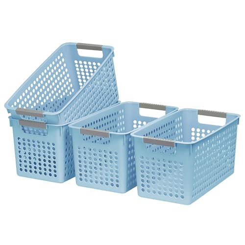 Soddeph Schlanker Kunststoff-Aufbewahrungskorb mit Griffen, schmale Organizer-Box für Regale, Organizer-Box für Organisation, Küche, Zuhause, Büro (Blau, mittel) von Soddeph