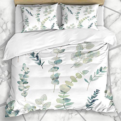 Soefipok Bettbezug-Sets Botanical Green Leaf Aquarell Eukalyptus Zweige Muster Florist Hand Natur Grün Zweig Mikrofaser Bettwäsche mit 2 Pillow Shams von Soefipok