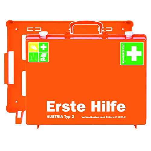 Söhngen Erste-Hilfe-Koffer Austria Typ 2 (Erste-Hilfe-Kasten, Unterteilung, Wandbefestigung, gefüllt, Wundverbände, SIRIUS Rettungsdecke, 20 Jahre sterile Verpackung) orange, 0390155 von Söhngen