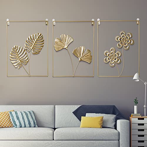 Gold Wanddekoration Set Wandbilder 3 Stück, Metallblatt Dekorative Modern Minimalistisch Abstrakte Linie Wandkunst Ginkgoblatt, Wandskulpturen für Wohnzimmer Schlafzimmer BüroWand, 11.8 x 15.7 Inch von Soekodu