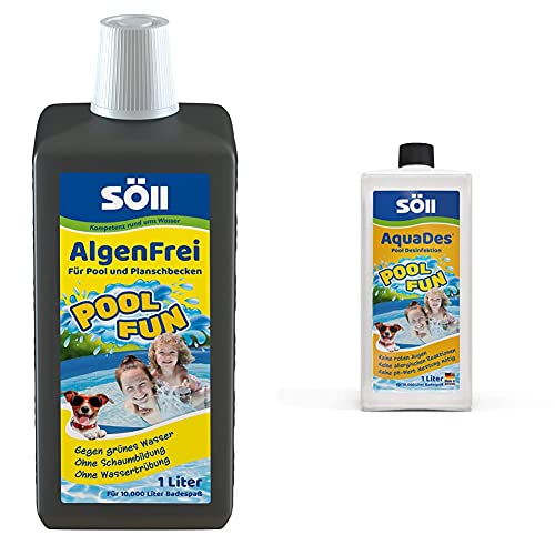 Söll 31130 AlgenFrei Pool Fun Algenmittel Reinigungsmittel flüssig 1 l - wirksamer Poolreiniger & 31430 AquaDes Pool-Desinfektion flüssig 1 l - wirksame Poolreinigung Wasserpflege von Söll