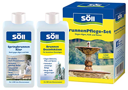 Söll 20181 Brunnen Pflege-Set, BrunnenDesinfektion & SpringbrunnenKlar je 250 ml - Brunnenreinigung Desinfektion Wasserpflege von Zierbrunnen Dekobrunnen Springbrunnen effektiv gegen Algen und Kalk von Söll