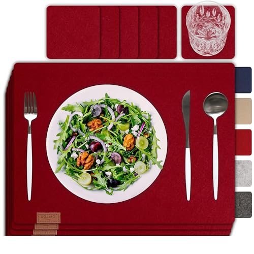 sølmo I 12er Premium Platzsets aus Filz Tischset Platzset 42x32 cm abwaschbar Filzuntersetzer Platzdeckchen Untersetzer Teller Platzset + Glas Untersetzer Echtholz Tisch geeignet Rot, Wine Red von Sölmo