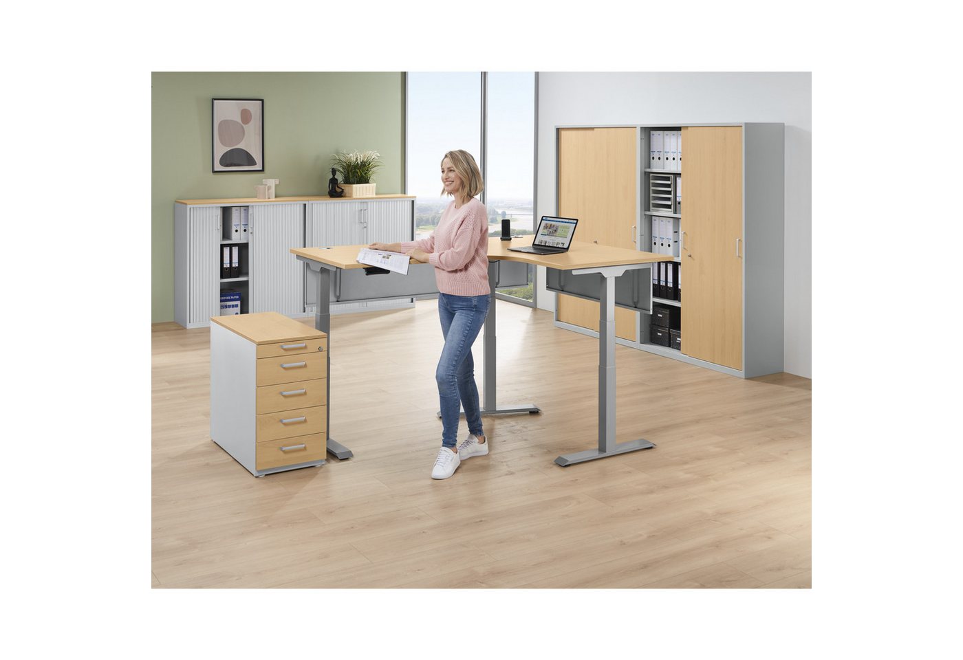 Soennecken Schreibtisch Ecktisch elektrisch verstellbar violett Gestell silber Platte buche Soennecken Schreibtisch Ecktisch elektrisch verstellbar violett Gestell silber Platte buche von Soennecken