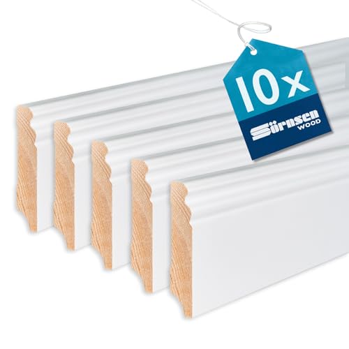 Sörnsen Wood Sockelleiste Kiefer – 10x Hochwertige Fussleisten mit Altdeutschem Profil – in weiß RAL 9016 lackiert und damit extra langlebig – 16x80x2400 mm von Sörnsen Wood (SWO)