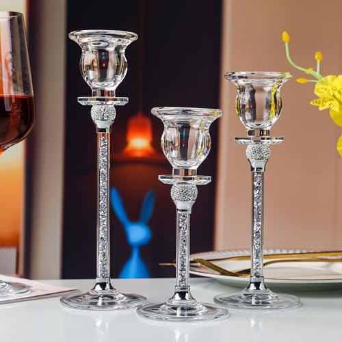 Hochwertiger transparenter Glas-Kerzenständer,- Kerzen Ständer Kristallglas 3er Set Hohe Modern Tischdeko Wohnzimmer Deko Hochzeit Party Advent Weihnachten 17/20/23cm (Silber) von Soetai