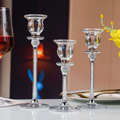 Hochwertiger transparenter Glas-Kerzenständer,- Kerzen Ständer Kristallglas 3er Set Hohe Modern Tischdeko Wohnzimmer Deko Hochzeit Party Advent Weihnachten 17/20/23cm (Weiß) von Soetai