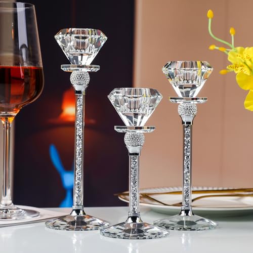 Kristall Kerzenständer,Kerzen Ständer Kristallglas 3er Set, Diamantförmige Exklusive Kerzenständer 17/20/23cm Hohe Modern Tischdeko Wohnzimmer Deko Hochzeit Party Advent Weihnachten (Silber) von Soetai