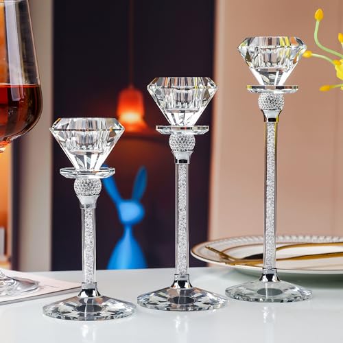 Kristall Kerzenständer,Kerzen Ständer Kristallglas 3er Set, Diamantförmige Exklusive Kerzenständer 17/20/23cm Hohe Modern Tischdeko Wohnzimmer Deko Hochzeit Party Advent Weihnachten (weiß) von Soetai