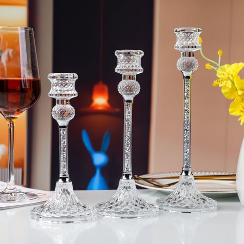 Kristall Kerzenständer Stabkerzen Hoch,Set of 3 Kerzenhalter Glas Elegant für Stabkerze Kerzen für Hochzeit Tischdeko Weihnachten Advent Wohnzimmer Vintage Deko (Silber) von Soetai