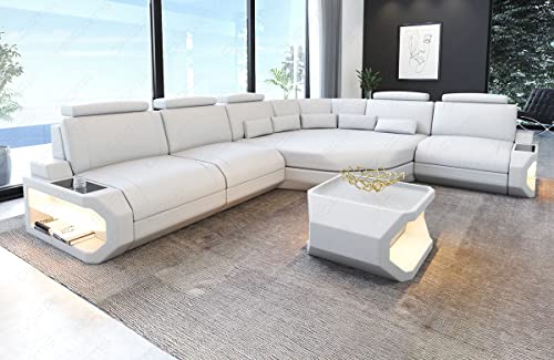 Ledersofa Asti als L Form Sofa in Leder mit Kopfstützen und LED Beleuchtung (Ecke rechts, White) von Sofa Dreams