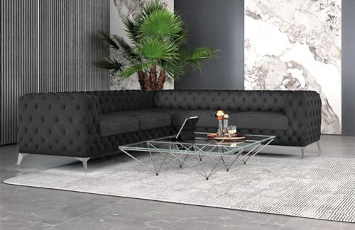 Samtsofa Cordoba in Chesterfield Optik Ecksofa mit Bezug aus Samt Sofa Sun Velvet (Schwarz, Füße Silber) von Sofa Dreams