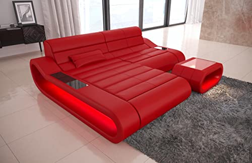 Sofa Concept L Form kurz in Leder - mit LED Beleuchtung, ergonomische Rückenlehnen, Recamiere/Lederfarben wählbar/Ausrichtung Ottomane wählbar (Ottomane Links, Rot) von Sofa Dreams