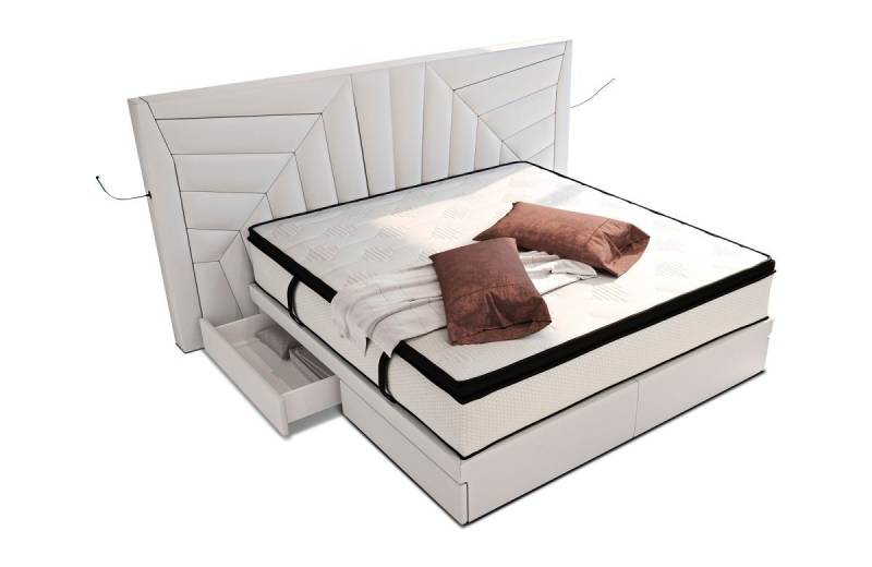 Sofa Dreams Boxspringbett Boxspringbett Monaco Leder, mit Topper, mit Schubladen, mit LED-Beleuchtung, mit USB-Anschlüssen von Sofa Dreams