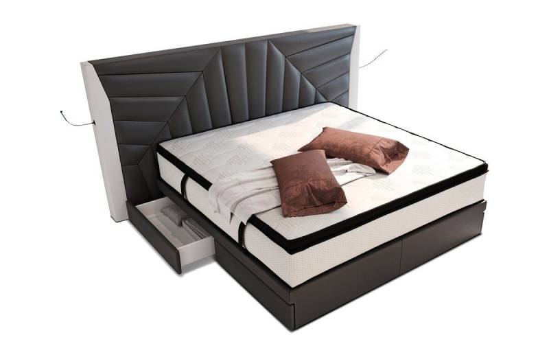Sofa Dreams Boxspringbett Boxspringbett Monaco Leder, mit Topper, mit Schubladen, mit LED-Beleuchtung, mit USB-Anschlüssen von Sofa Dreams