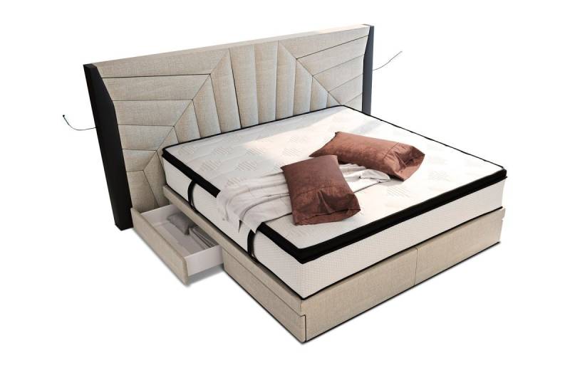 Sofa Dreams Boxspringbett Monaco Stoffbezug Strukturstoff, mit Topper, mit Schubladen, mit LED-Beleuchtung, mit USB-Anschlüssen von Sofa Dreams