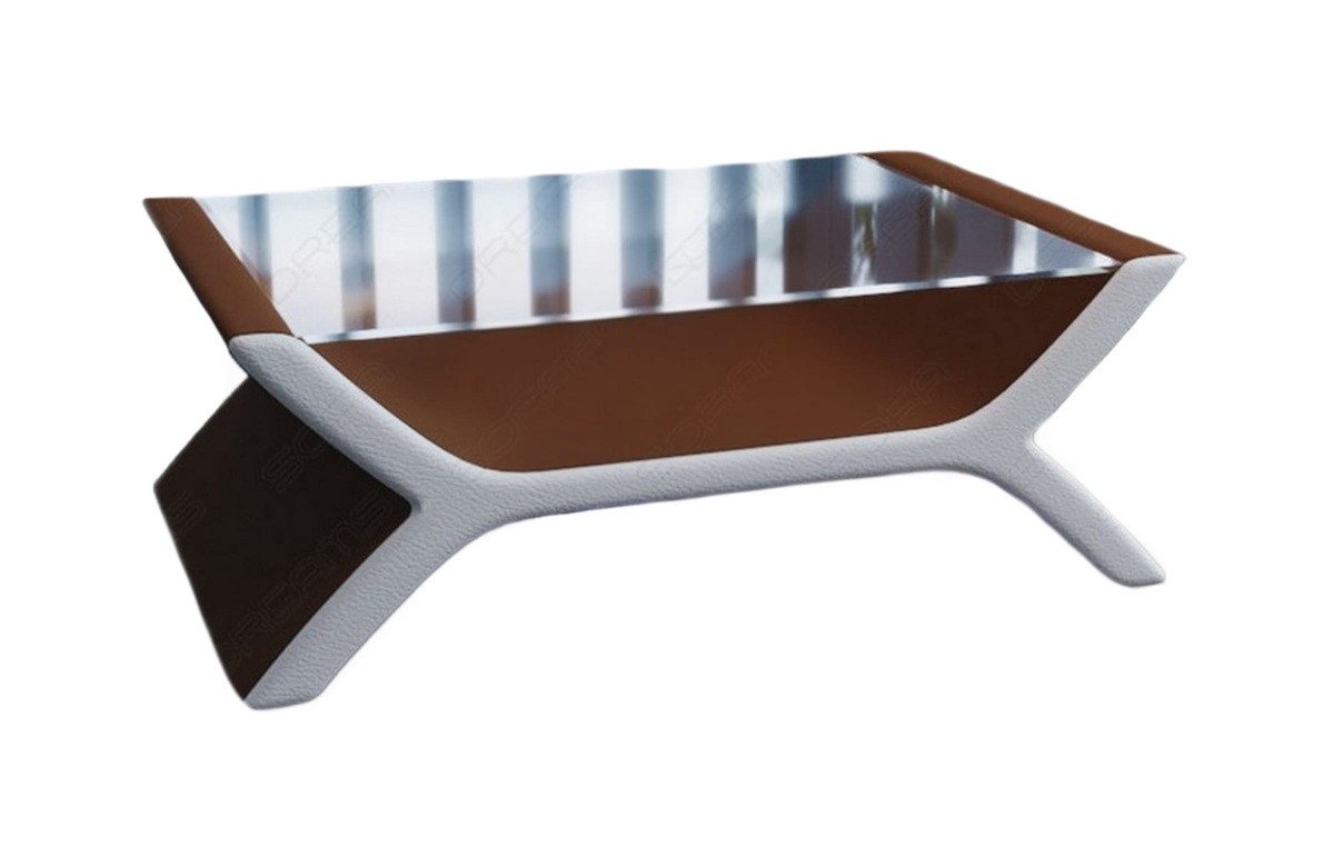 Sofa Dreams Couchtisch Calabria Tisch Stoff mit Sicherheitsglasplatte 12mm, Mikrofaser Bezug in Hellbraun, Akzentfarbe Kunstleder Weiß von Sofa Dreams