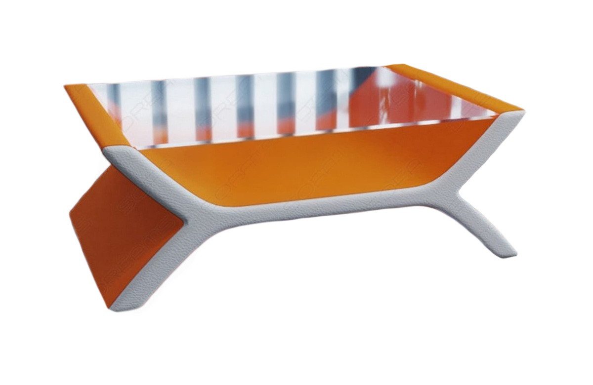 Sofa Dreams Couchtisch Calabria Tisch Stoff mit Sicherheitsglasplatte 12mm, Mikrofaser Bezug in Orange, Akzentfarbe Weiß, mit LED-Beleuchtung von Sofa Dreams